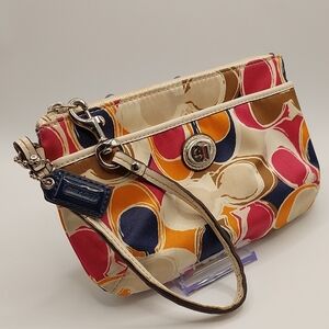 COACH OP ART Multicolor Circle-Print Wristlet  Pink, Navy, Orange & Tan HANGTAG